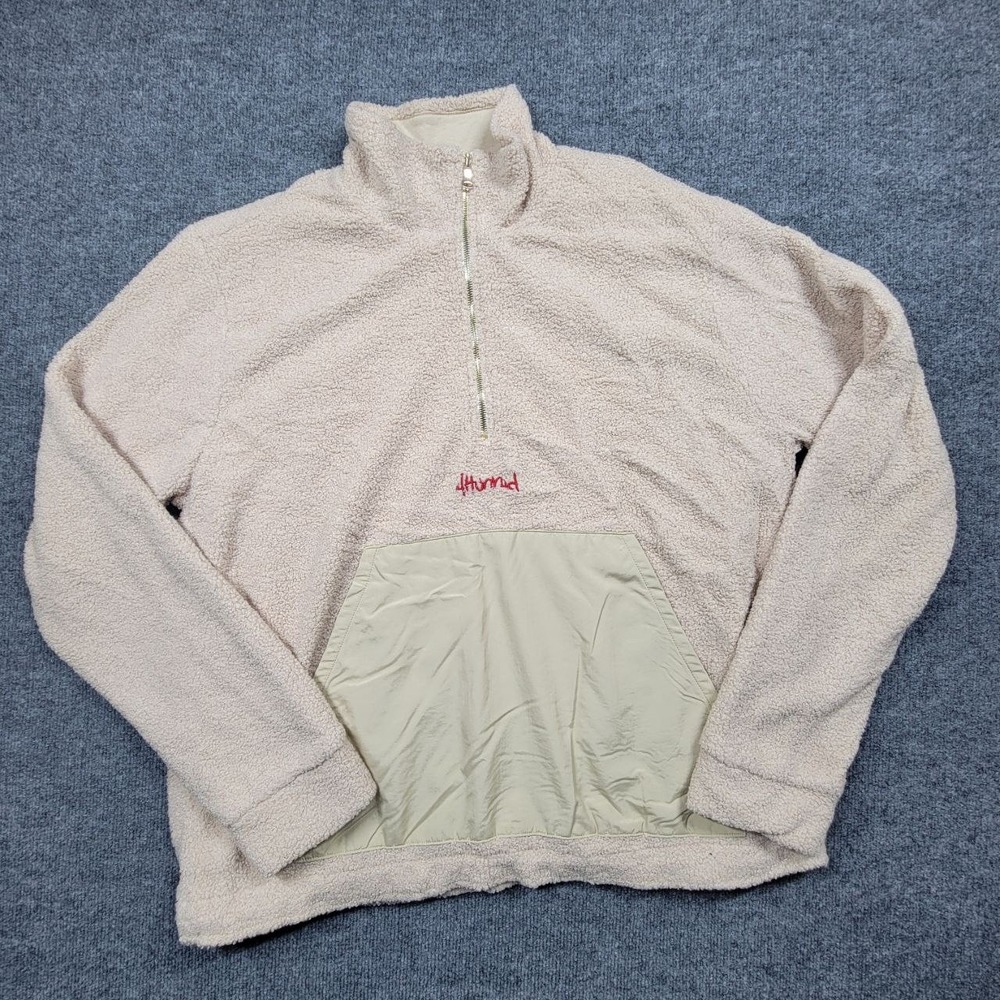 YG 4Hunnid Pullover‎ Sweater Mens 2XL Beige Sherpa Fleece Half Zip Patch Pockets